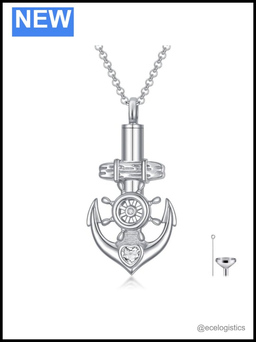 White Gold Plated Anchor Birthstone Urn Locket Necklace
